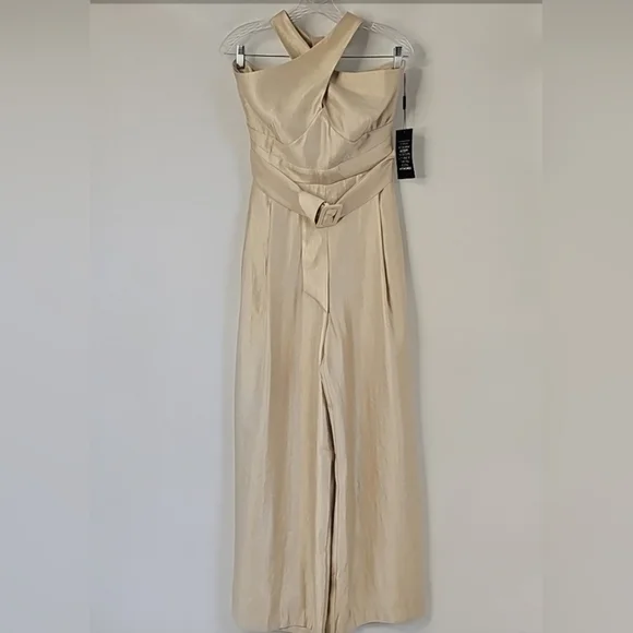 WHBM Champagne Gold Wide Leg Halter‎ Jumpsuit wFront Pockets Cocktail Coquette - Picture 4 of 16
